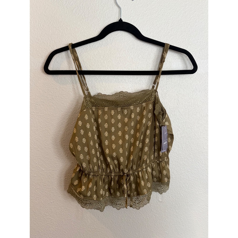 Auden Luxury Collection Olive Block Print Lace Trim Cami Sleep Top XS NWT